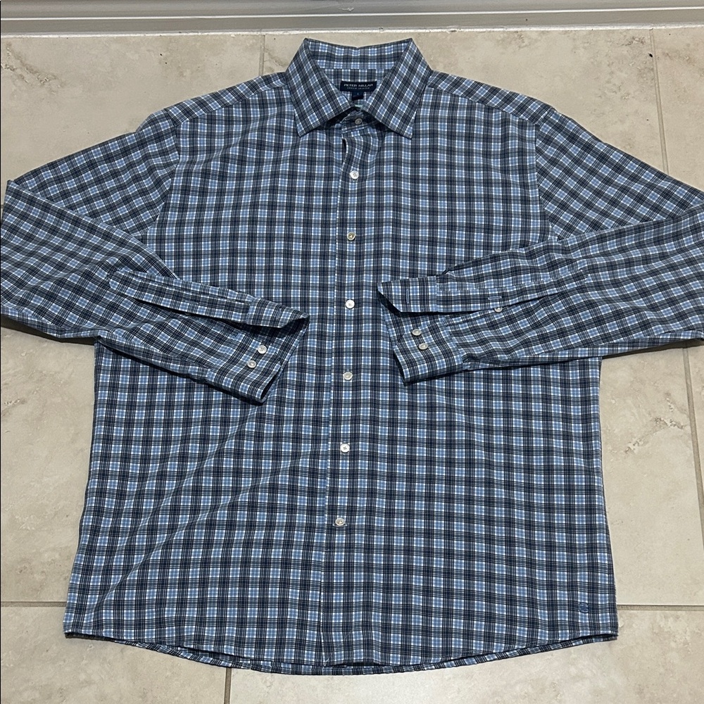 Peter Millar Crown Crafted Flex Finish Dark & Light Blue Checkered Button Down.